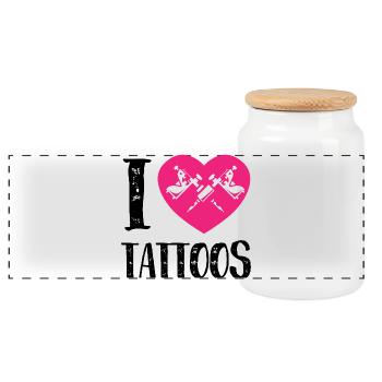 I Love Tattoos Pink Heart Ink Artist Design - Panoramic Cookie Jar with Wooden Lid - white - Front