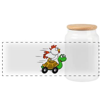 Chickens on Turtle Wagon - Panoramic Cookie Jar with Wooden Lid - white - Front