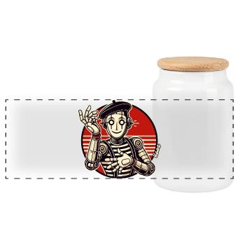 Retro Robot Pantomime with Beret in Comic Style - Panoramic Cookie Jar with Wooden Lid - white - Front