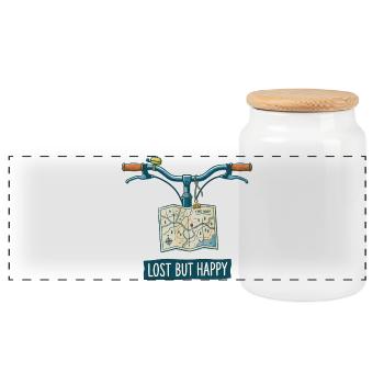 Lost But Happy Risograph Bicycle Art - Panoramic Cookie Jar with Wooden Lid - white - Front