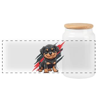 Dessin animé câlin de Rottweiler chiot - Boîte à biscuits avec couvercle en bois - blanc - Devant