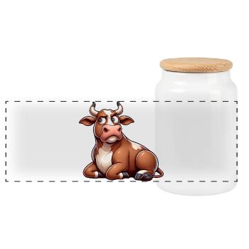 Funny Cow Cartoon Skeptical Bull Comic - Panoramic Cookie Jar with Wooden Lid - white - Front
