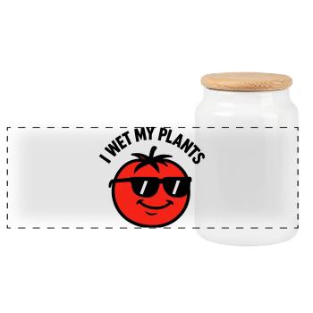 I wet my plants tomato gardening - Panoramic Cookie Jar with Wooden Lid - white - Front
