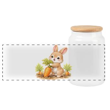 Cute bunny harvesting carrot in the garden - Panoramic Cookie Jar with Wooden Lid - white - Front