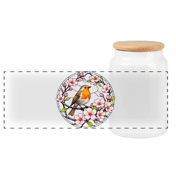 Rotkehlchen mit Kirschblüten Glasfensterstil  - Panorama Keksdose mit Holzdeckel - Weiß - Vorne