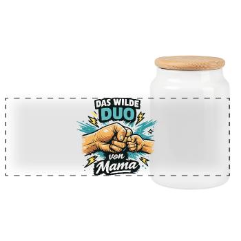 Das wilde Duo von Mama Mutter Kind Power Papa - Panorama Keksdose mit Holzdeckel - Weiß - Vorne