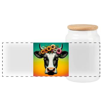 cow - Panoramic Cookie Jar with Wooden Lid - white - Front