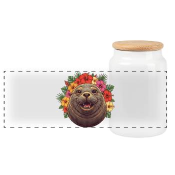 Seal with hibiscus flower wreath - Panoramic Cookie Jar with Wooden Lid - white - Front