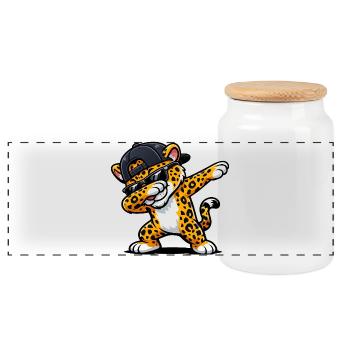 Dabbing Jaguar - Panoramic Cookie Jar with Wooden Lid - white - Front
