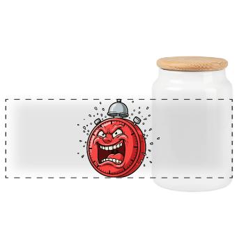 Angry Alarm Clock Cartoon - Panoramic Cookie Jar with Wooden Lid - white - Front
