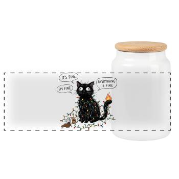 Black Cat Wrapped in Lights - Panoramic Cookie Jar with Wooden Lid - white - Front