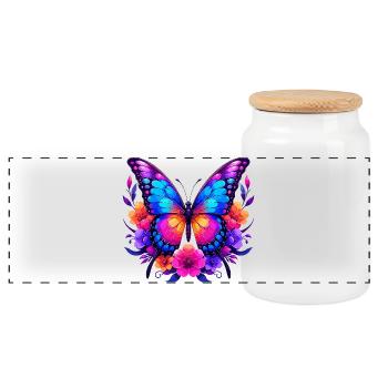 Rainbow Butterfly in Floral Wreath - Panoramic Cookie Jar with Wooden Lid - white - Front