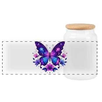 CosmosButterfly in a wreath of flowers - Panoramic Cookie Jar with Wooden Lid - white - Front