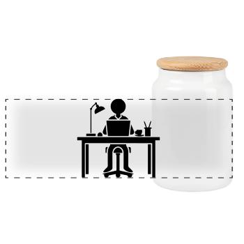 Worker Computer Job Office Learning - Panoramic Cookie Jar with Wooden Lid - white - Front
