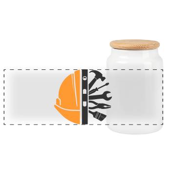 Bauhelm & Werkzeug – Handwerker Logo - Panorama Keksdose mit Holzdeckel - Weiß - Vorne