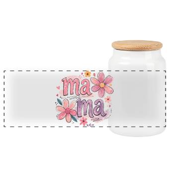MAMA Large Flowers and Pink Bow | Retro Style - Panoramic Cookie Jar with Wooden Lid - white - Front