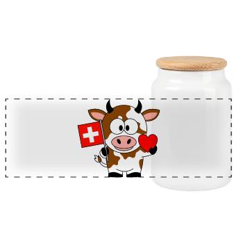 Cow with Swiss flag and heart - Panoramic Cookie Jar with Wooden Lid - white - Front