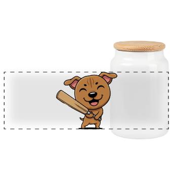 Cute Baseball Dog Cartoon Puppy - Panoramic Cookie Jar with Wooden Lid - white - Front