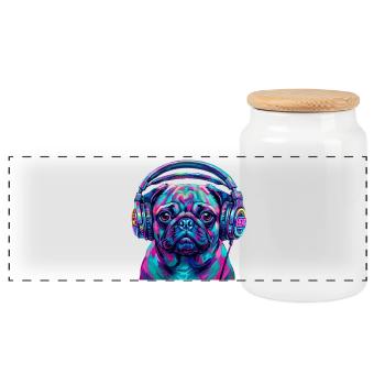 Pop Art Mops mit Kopfhörer Neon DJ Hund - Panorama Keksdose mit Holzdeckel - Weiß - Vorne