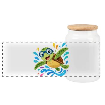 Cheerful turtle with swimming goggles - Panoramic Cookie Jar with Wooden Lid - white - Front