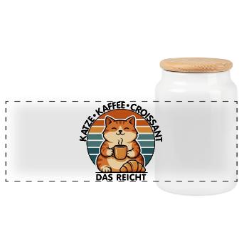 Katze Kaffee Croissant - Panorama Keksdose mit Holzdeckel - Weiß - Vorne