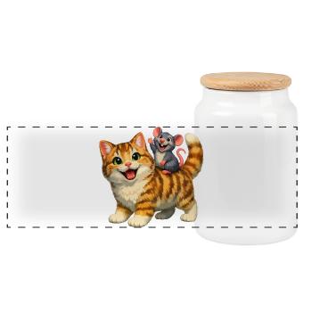 Happy Cat with Playful Mouse - Panoramic Cookie Jar with Wooden Lid - white - Front