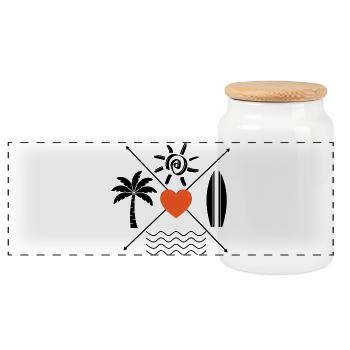 Heart Palm Trees Surfboard Sun Waves - Panoramic Cookie Jar with Wooden Lid - white - Front