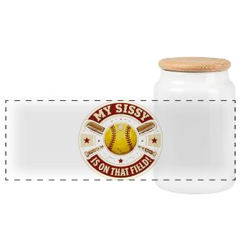 Softball My Little Sister Is On The Court | Badge - Panoramic Cookie Jar with Wooden Lid - white - Front