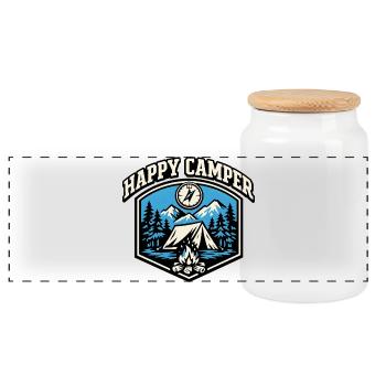 Happy Camper Badge - Panoramic Cookie Jar with Wooden Lid - white - Front