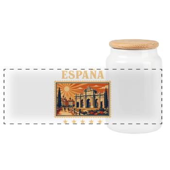 Madrid Sonne im Briefmarkenstil - Panorama Keksdose mit Holzdeckel - Weiß - Vorne