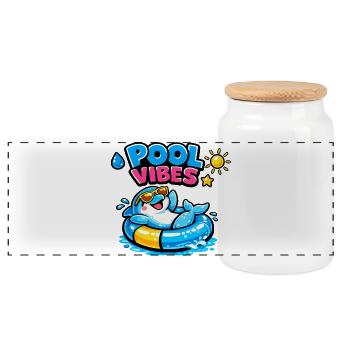 Pool Vibes: Colorful bathing animal in the swimming ring - Panoramic Cookie Jar with Wooden Lid - white - Front