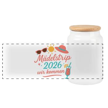 Mädchentrip 2026 Wir kommen - Panorama Keksdose mit Holzdeckel - Weiß - Vorne
