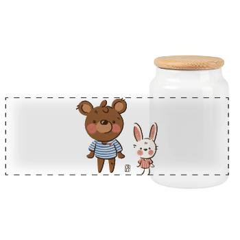 Kuschelbär und Häschen im Streifenlook - Panorama Keksdose mit Holzdeckel - Weiß - Vorne