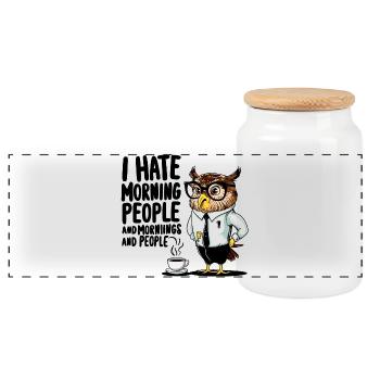 Office Owl Morning Grouch - Panoramic Cookie Jar with Wooden Lid - white - Front