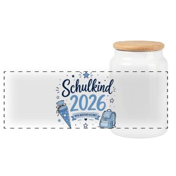 Schulkind 2026 - Einschulung - Panorama Keksdose mit Holzdeckel - Weiß - Vorne