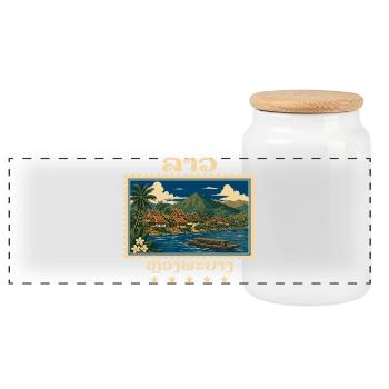 Laos Luang Prabang Vintage Travel Brand - Panoramic Cookie Jar with Wooden Lid - white - Front