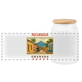 Nicaragua Granada Vintage Reisemarke - Panorama Keksdose mit Holzdeckel - Weiß - Vorne