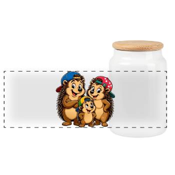 Funny hedgehog family with baseball cap - Panoramic Cookie Jar with Wooden Lid - white - Front