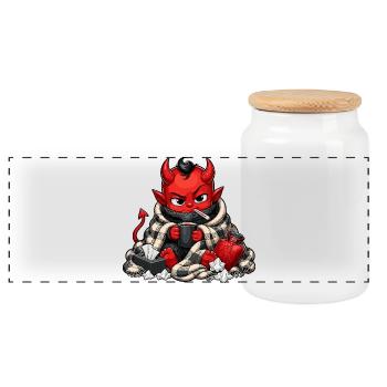 Winter Demon with Hot Drink - Panoramic Cookie Jar with Wooden Lid - white - Front