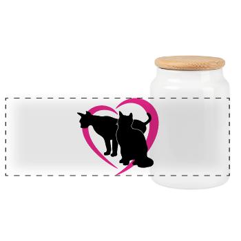Schwarze Katzensilhouetten im Pink Heart-Logo - Panorama Keksdose mit Holzdeckel - Weiß - Vorne