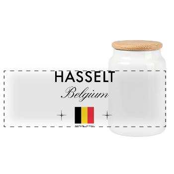 Hasselt Belgium Coordinates Travel Souvenir - Panoramic Cookie Jar with Wooden Lid - white - Front