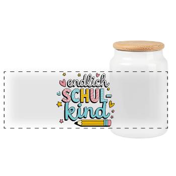 Endlich Schulkind – bunter Schulstart - Panorama Keksdose mit Holzdeckel - Weiß - Vorne