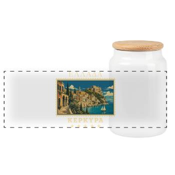 Griechenland Korfu Vintage Reisemarke - Panorama Keksdose mit Holzdeckel - Weiß - Vorne