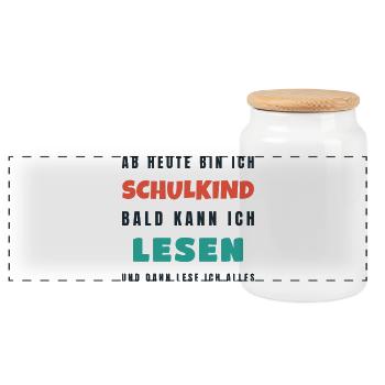 Schulkind 2026 Bald kann ich lesen - Einschulung - Panorama Keksdose mit Holzdeckel - Weiß - Vorne