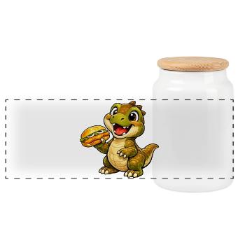 Dino mit Fischbrötchen - Panorama Keksdose mit Holzdeckel - Weiß - Vorne