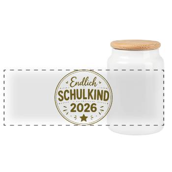 Endlich Schulkind 2026 Badge - Panorama Keksdose mit Holzdeckel - Weiß - Vorne
