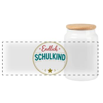 Endlich Schulkind Badge - Panorama Keksdose mit Holzdeckel - Weiß - Vorne