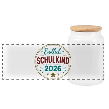 Endlich Schulkind 2026 Badge - Panorama Keksdose mit Holzdeckel - Weiß - Vorne