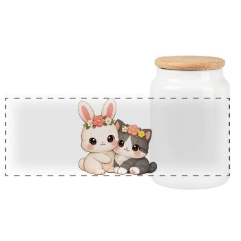 Lapin avec chat - Boîte à biscuits avec couvercle en bois - blanc - Devant