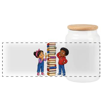 Kinder Bücherstapel Messen Lustiges Lernmotiv - Panorama Keksdose mit Holzdeckel - Weiß - Vorne